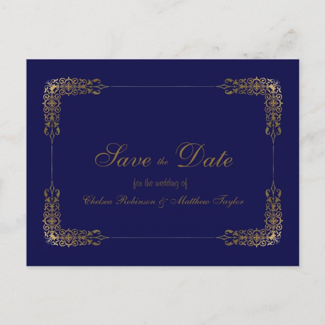 Tarjeta postal elegante de oro y encaje azul para  (Anverso)