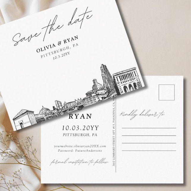 Tarjeta postal elegante de Pittsburgh para guardar (Pittsburgh Save the Date Postcard Elegant Wedding
)
