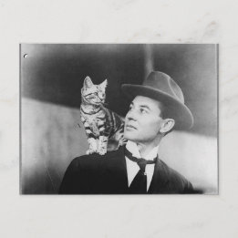 Tarjeta postal en blanco y negro de hombre y gato