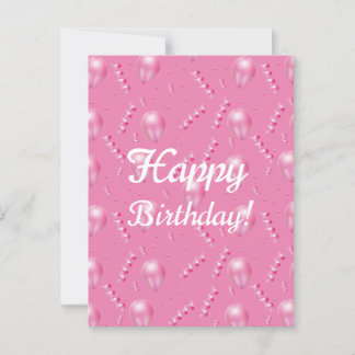 Tarjeta postal festiva con globos y confeti rosa e