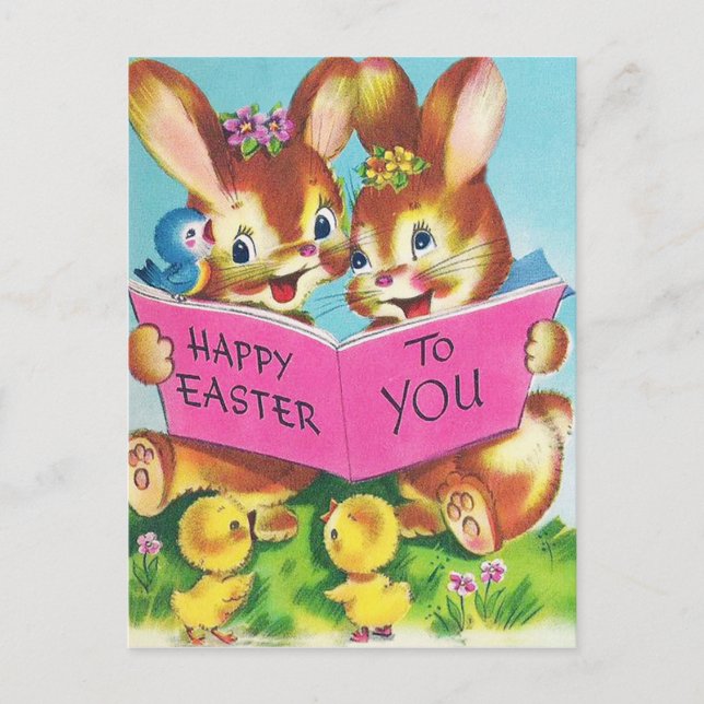 Tarjeta postal festiva de conejitos de Pascua retr (Anverso)