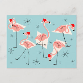 Tarjeta postal Flamingo Santas Blue