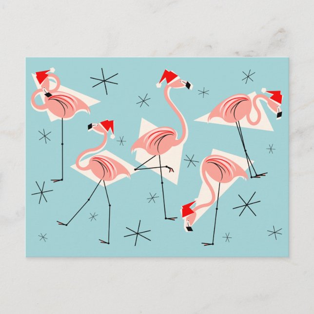 Tarjeta postal Flamingo Santas Blue (Anverso)
