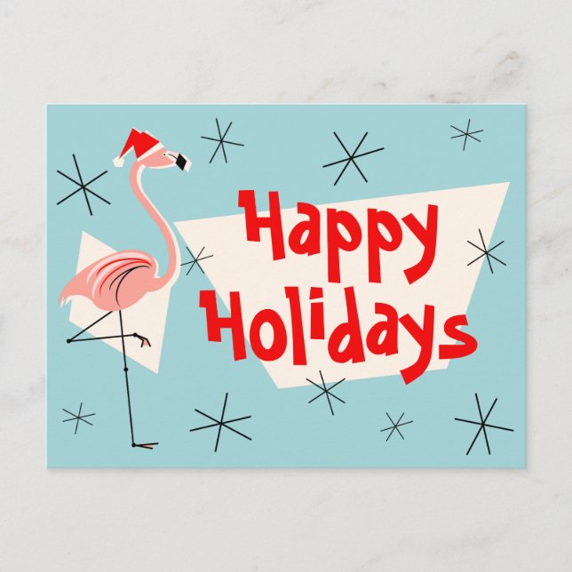 Tarjeta postal Flamingo Santas Blue Happy Holidays (Anverso)