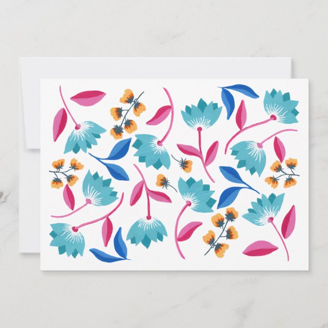 Tarjeta postal floral azul y rosa pintada moderna (Reverso)
