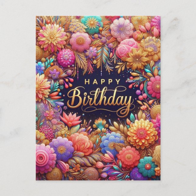 Tarjeta postal floral de cumpleaños con diseño art (Anverso)