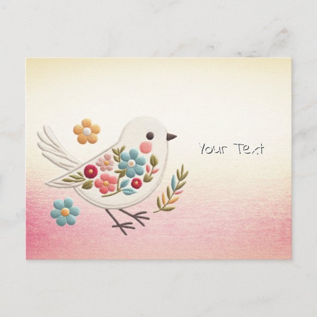 Tarjeta postal floral de pajarito blanco (Anverso)