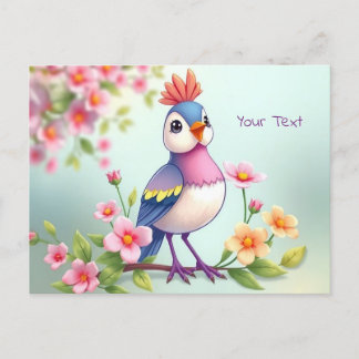 Tarjeta postal floral de pájaro azul rosa lindo