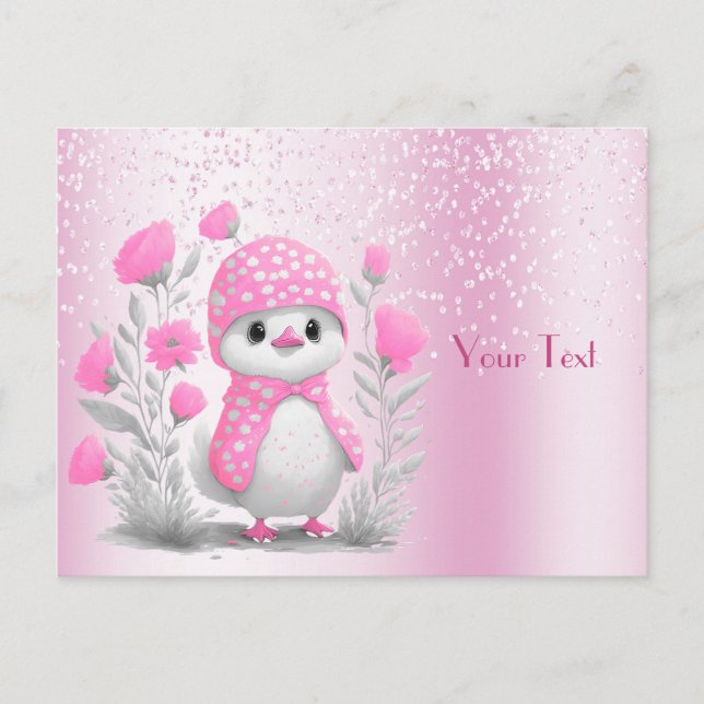 Tarjeta postal floral de pato de acuarela rosa (Anverso)
