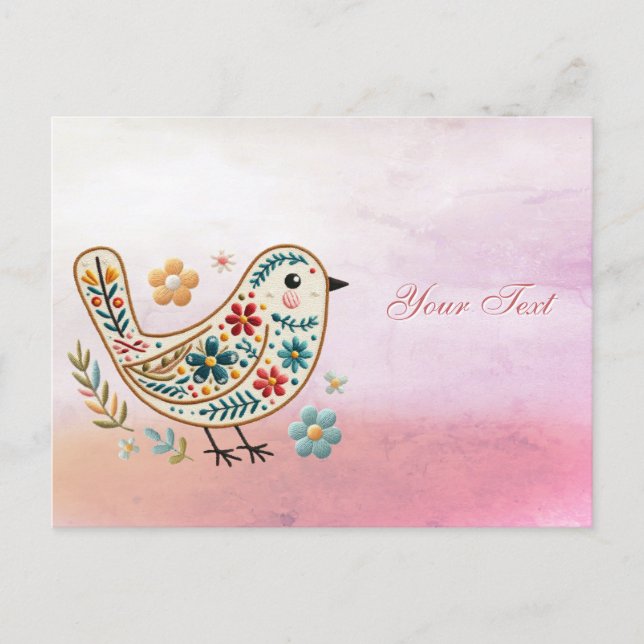 Tarjeta Postal Floral de Pequeño Pájaro con Bordad (Anverso)