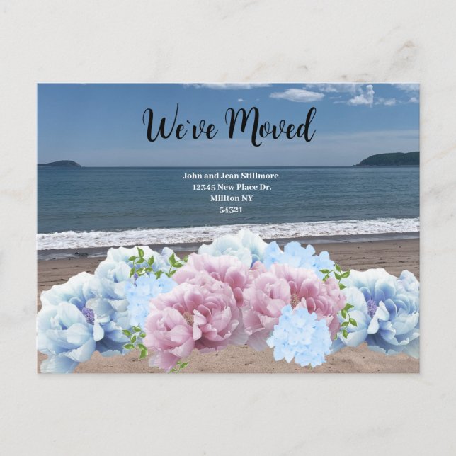 Tarjeta postal floral de playa Nos hemos mudado (Anverso)