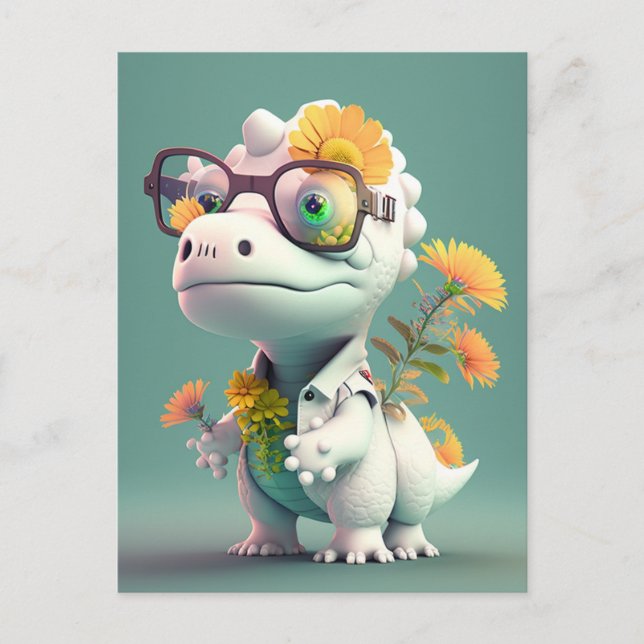 Tarjeta postal floral del doctor dinosaurio Kawaii (Anverso)