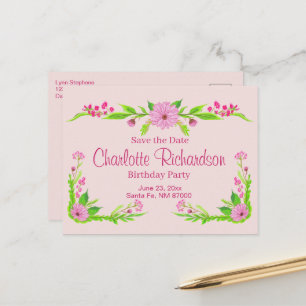 Tarjeta Postal Floral Nostálgica Rosa y Verde