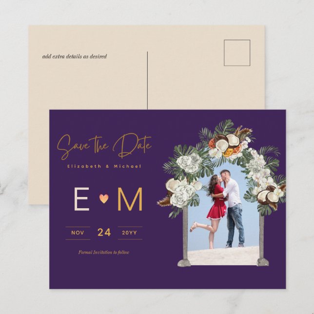 Tarjeta Postal Floral Púrpura para Anuncio de Boda (Anverso / Reverso)
