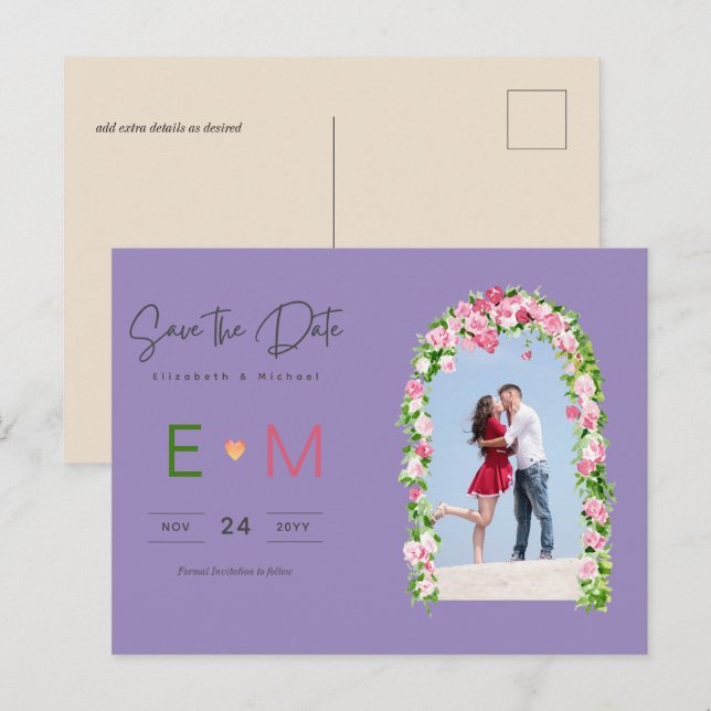 Tarjeta Postal Floral Rosa para Anuncio de Boda y  (Anverso / Reverso)