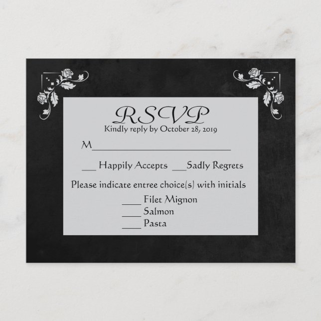 Tarjeta postal Floral RSVP Gris y Black Chalkboard (Anverso)