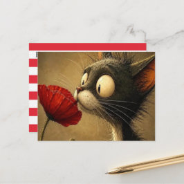 Tarjeta Postal Gato Blanco y Negro Flor Roja Raya