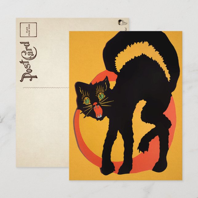 Tarjeta Postal Gato Negro Retro Halloween (Anverso / Reverso)