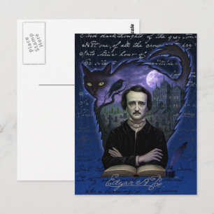 Tarjeta postal gótica de Edgar Allan Poe con cuerv