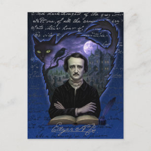 Tarjeta postal gótica de Edgar Allan Poe con cuerv