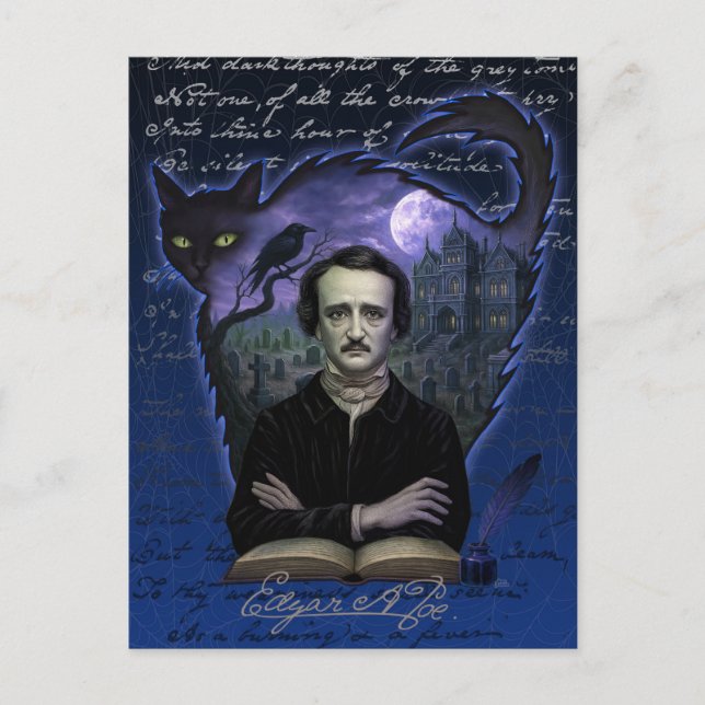 Tarjeta postal gótica de Edgar Allan Poe con cuerv (Anverso)