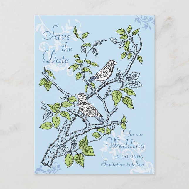 TARJETA POSTAL GUARDAR LA FECHA, BODA, PÁJAROS DEL (Anverso)