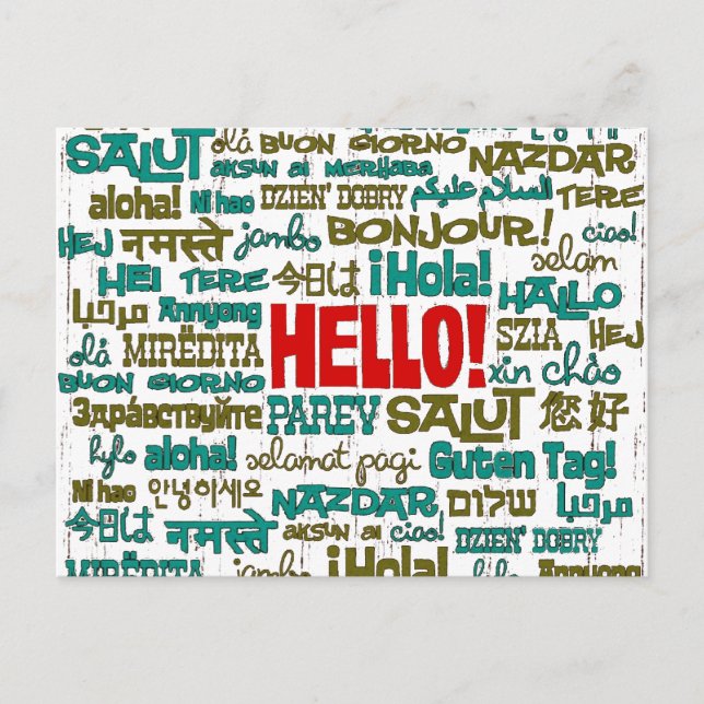 Tarjeta postal Hello (en varios idiomas) (Anverso)
