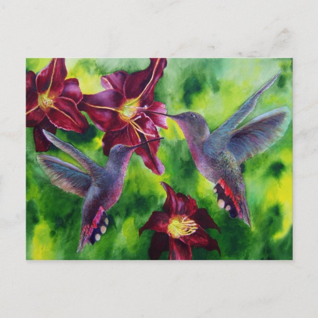 Tarjeta postal Hummingbirds y Lillies (Anverso)