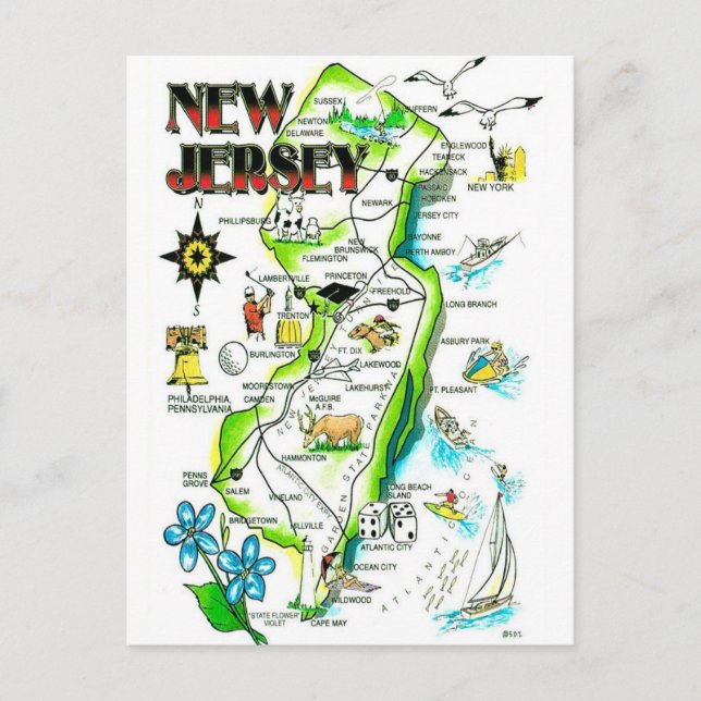 Tarjeta postal ilustrada del estado de Nueva Jerse (Anverso)