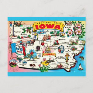 Tarjeta postal ilustrada del mapa de Iowa