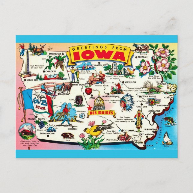 Tarjeta postal ilustrada del mapa de Iowa (Anverso)