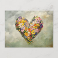 Tarjeta postal impresionista de flores de corazón