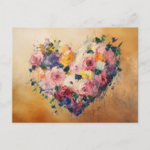 Tarjeta postal impresionista de flores de corazón 