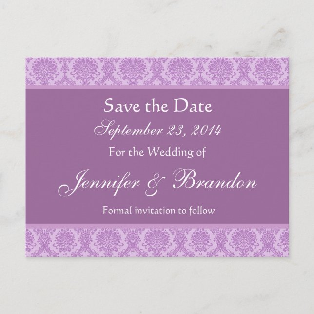 Tarjeta Postal Lilac Purple Damask Save Date (Anverso)