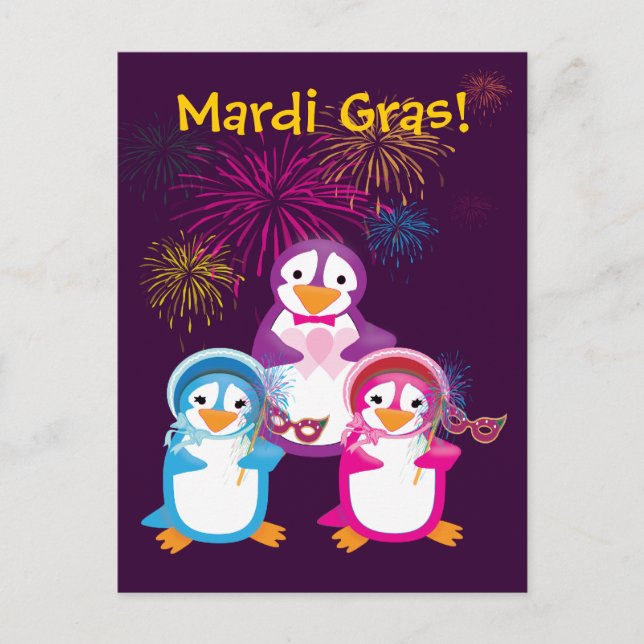 Tarjeta postal Mardi Gras Penguins (Anverso)