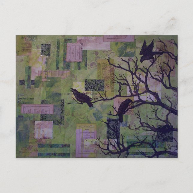 Tarjeta postal mixta Green Patchwork Ravens (Anverso)