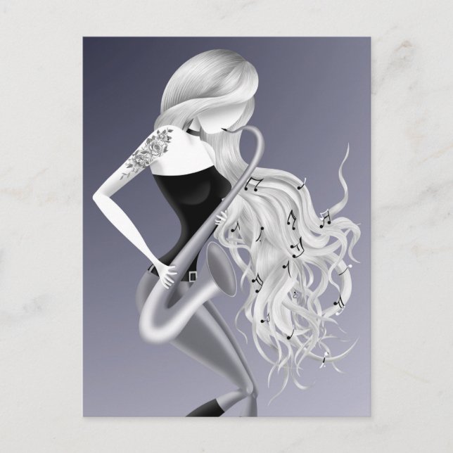 Tarjeta postal monocroma gris de Lady Saxofonista (Anverso)