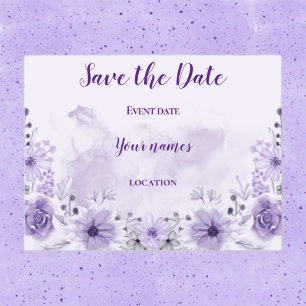 Tarjeta postal morada floral para guardar la fecha