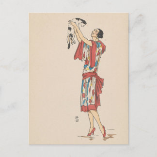 Tarjeta postal - mujer y gato - artista francés