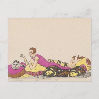 Tarjeta postal - mujer y gato - artista francés vi
