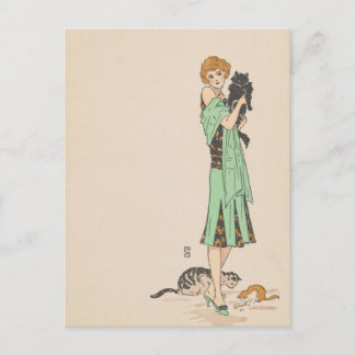 Tarjeta postal - mujer y gatos - artista francés