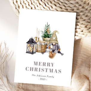 Tarjeta postal navideña de gnomo hygge rústica acu