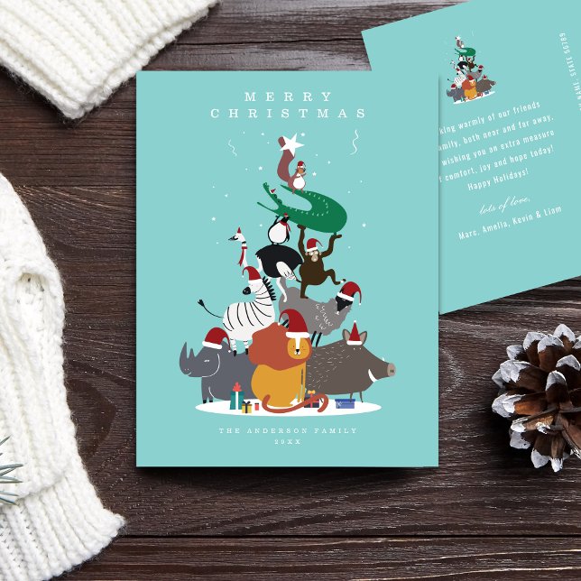 Tarjeta postal navideña para animales salvajes (Wildlife Animals in a Christmas tree form with Christmas hats postcard)