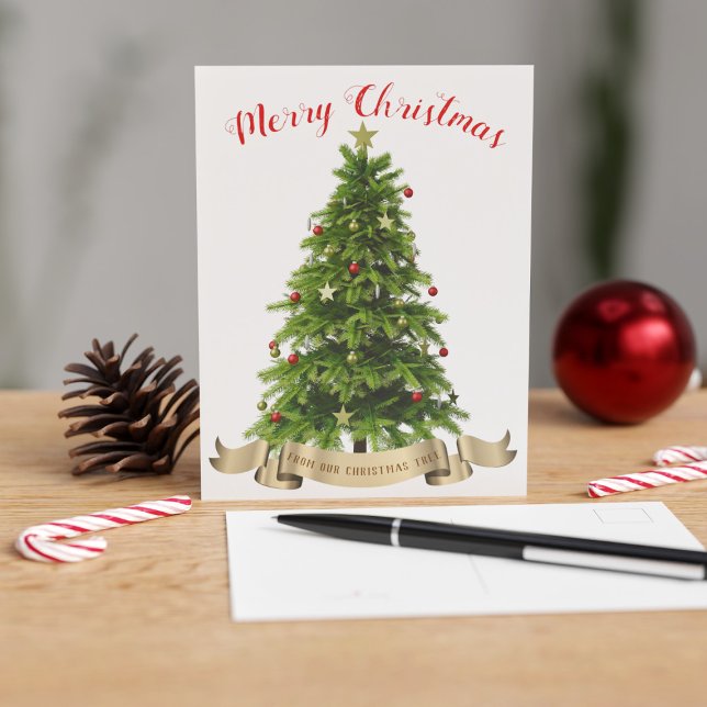 Tarjeta postal navideña para feriado navideño (A festive Christmas tree postcard with space for your name)