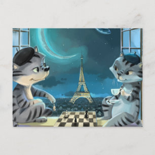 Tarjeta postal nocturna de la Torre Eiffel de gato