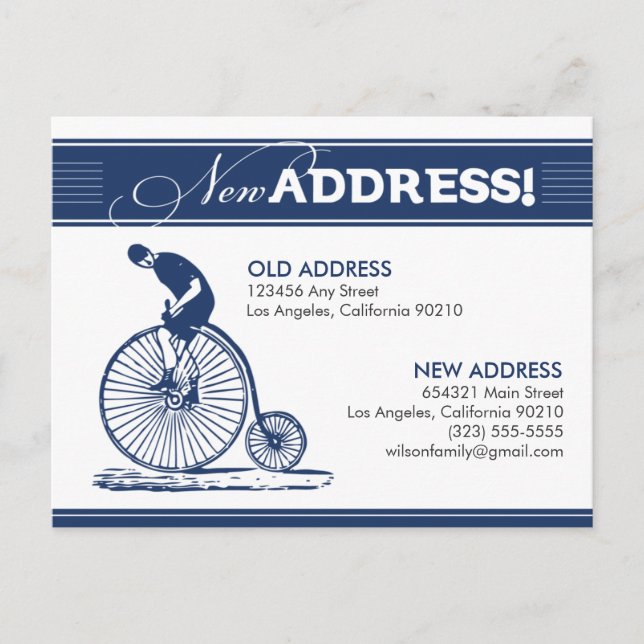 TARJETA POSTAL: ¡Nueva dirección! Bicicleta antigu (Anverso)