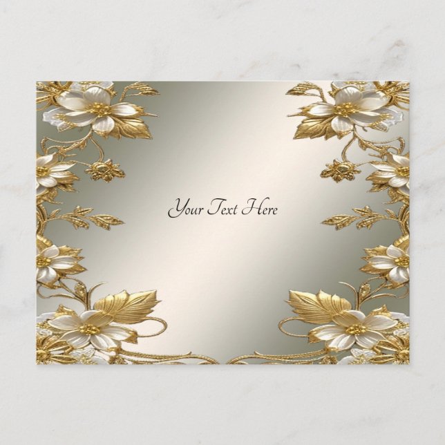 Tarjeta postal ornamentada de flores blancas dorad (Anverso)
