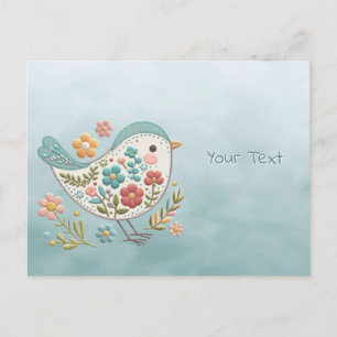 Tarjeta Postal Pajarito Flores Azules Rosadas