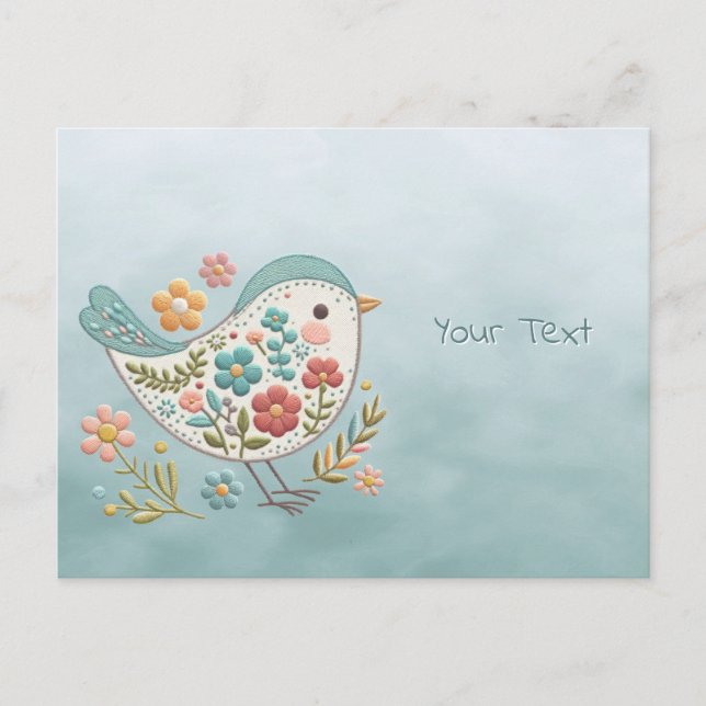 Tarjeta Postal Pajarito Flores Azules Rosadas (Anverso)