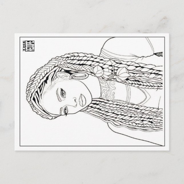 Tarjeta postal para colorear | Chica con trenzas (Anverso)